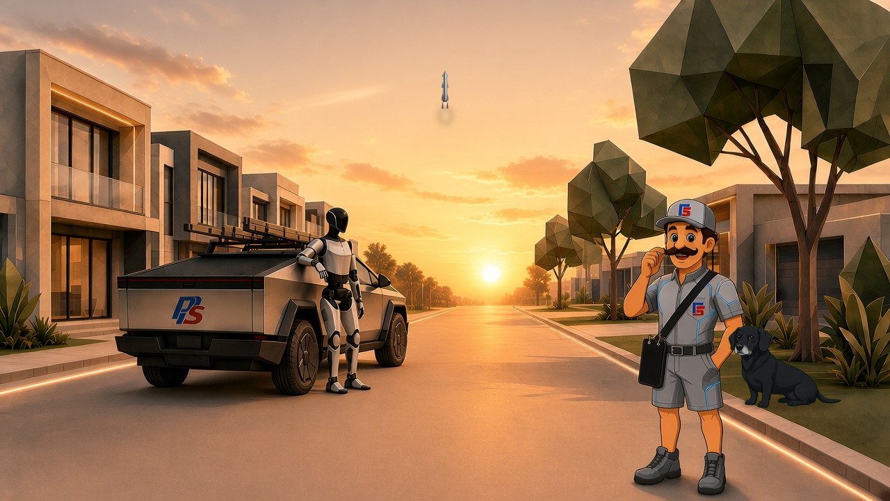 Sunset street: a robot beside the PS ute on the left, Mr. Pepo in his grey uniform on the right with Sakura the black dog